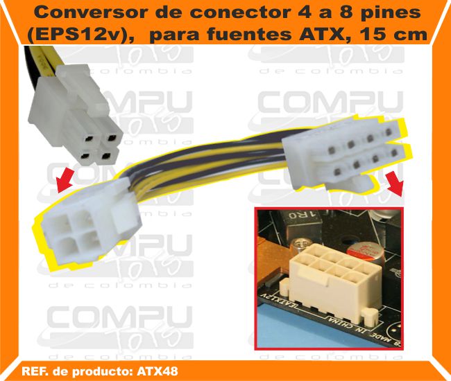 Conversor de conector 4 a 8 pines EPS12v para fuentes ATX 15 cm