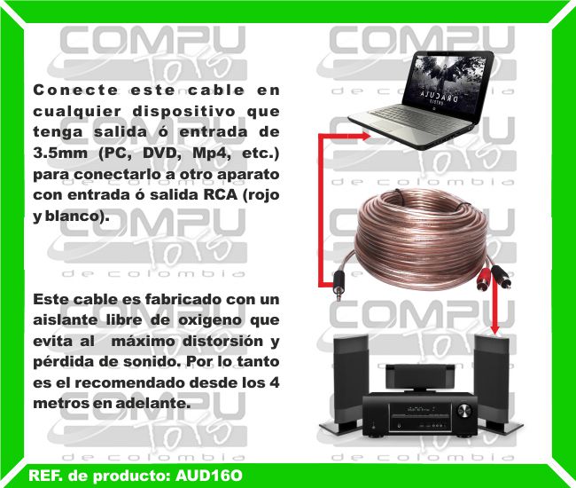 Conecte este cable en cualquier dispositivo que tenga salida ó entrada de 3.5mm (PC, DVD, Mp4, etc.) para conectarlo a otro aparato con entrada ó salida RCA (rojo y blanco). Este cable es fabricado con un aislante libre de oxigeno que evita al  máximo distorsión y pérdida de sonido. Por lo tanto es el recomendado desde los 4 metros en adelante.
