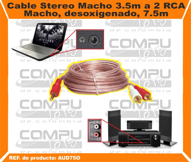 Cable Stereo Macho 3.5m a 2 RCA Macho desoxigenado 7.5m.