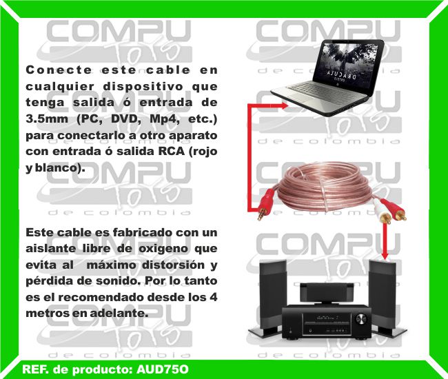 Conecte este cable en cualquier dispositivo que tenga salida ó entrada de 3.5mm (PC, DVD, Mp4, etc.) para conectarlo a otro aparato con entrada ó salida RCA (rojo y blanco). Este cable es fabricado con un aislante libre de oxigeno que evita al  máximo distorsión y pérdida de sonido. Por lo tanto es el recomendado desde los 4 metros en adelante.