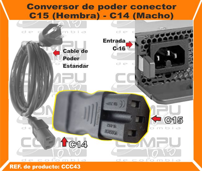 Conversor de poder conector C15 Hembra C14 Macho.