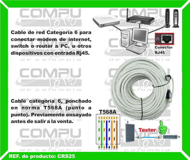 Cable de red Categoría 6 para conectar módem de internet, switch o router a PC, u otros dispositivos con entrada Rj45. Cable categoría 6, ponchado en norma T568A (punto a punto). Previamente ensayado antes de salir a la venta. Cable de red corto categoría 6 ideal para patch panel u otras conexiones que requieran un cable de muy corta longitud. configuración del cable de red: directo.