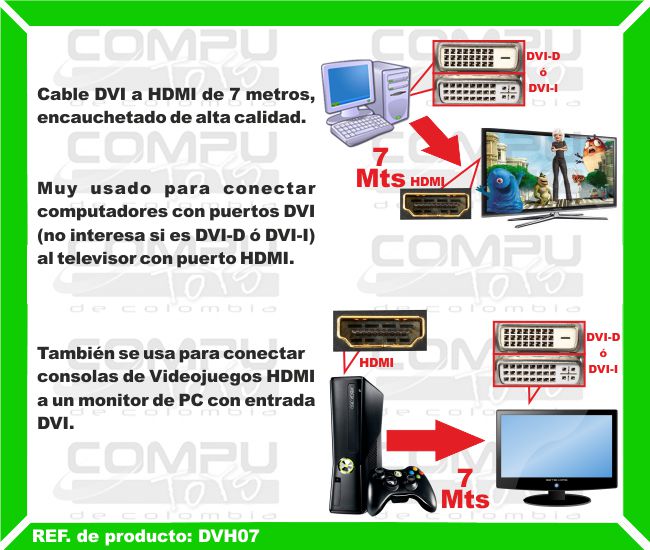 Cable DVI a HDMI de 7 metros, encauchetado de alta calidad. Muy usado para conectar computadores con puertos DVI (no interesa si es DVI-D ó DVI-I) al televisor con puerto HDMI. También se usa para conectar consolas de Videojuegos HDMI a un monitor de PC con entrada DVI.