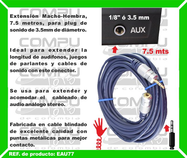 Extensión Macho-Hembra, 7.5 metros, para plug de sonido de 3.5mm de diámetro. Ideal para extender la longitud de audífonos, juegos de parlantes y cables de sonido con este conector. Se usa para extender y acomodar el  cableado de audio análogo stereo. Fabricada en cable blindado de excelente calidad con puntas metálicas para mejor contacto.