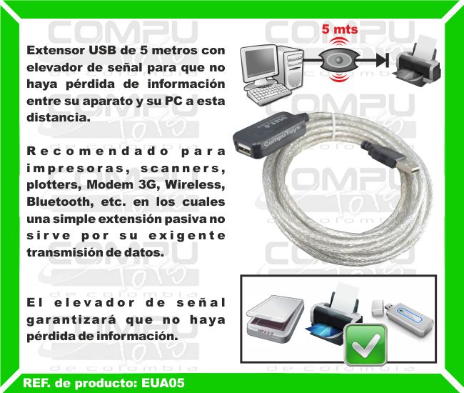 Extensor USB de 5 metros con elevador de señal para que no haya pérdida de información entre su aparato y su PC a esta distancia. Recomendado para impresoras, scanners, plotters, Modem 3G, Wireless, Bluetooth, etc. en los cuales una simple extensión pasiva no sirve por su exigente transmisión de datos. El elevador de señal garantizará que no haya pérdida de información.