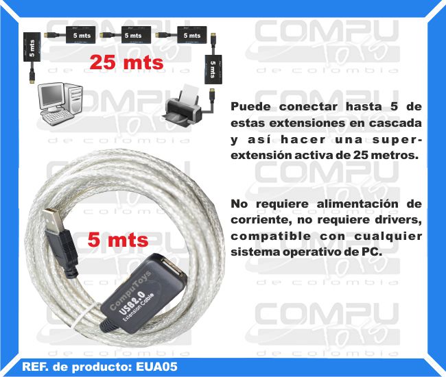 Puede conectar hasta 5 de estas extensiones en cascada y así hacer una super-extensión activa de 25 metros. No requiere alimentación de corriente, no requiere drivers, compatible con cualquier sistema operativo de PC.