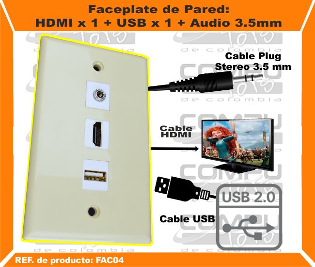 Faceplate de Pared: HDMI x 1 + USB x 1 + Audio 3.5mm.