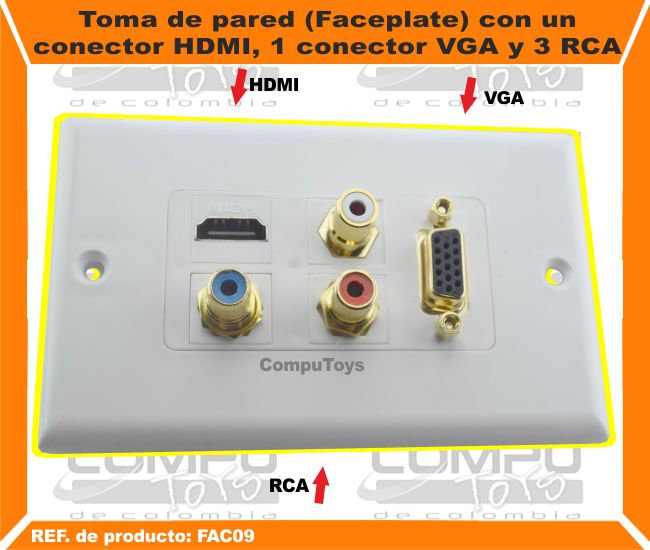 Toma de pared Faceplate con un conector HDMI 1 conector VGA y 3 RCA.