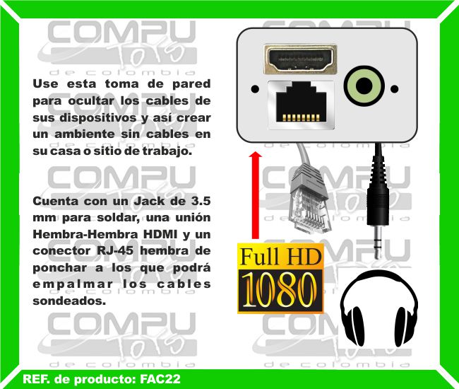 Use esta toma de pared para ocultar los cables de sus dispositivos y así crear un ambiente sin cables en su casa o sitio de trabajo. Cuenta con un Jack de 3.5 mm para soldar, una unión Hembra-Hembra HDMI y un conector RJ-45 hembra de ponchar a los que podrá empalmar los cables sondeados.