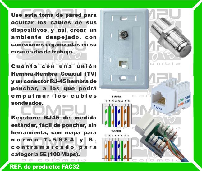 Use esta toma de pared para ocultar los cables de sus dispositivos y así crear un ambiente despejado, con conexiones organizadas en su casa o sitio de trabajo. Cuenta con una unión  Hembra-Hembra Coaxial (TV) y un conector RJ-45 hembra de ponchar, a los que podrá empalmar los cables sondeados. Keystone RJ45 de medida estándar, fácil de ponchar, sin herramienta, con mapa para norma T-568A y B, contramarcado para categoría 5E (100 Mbps).