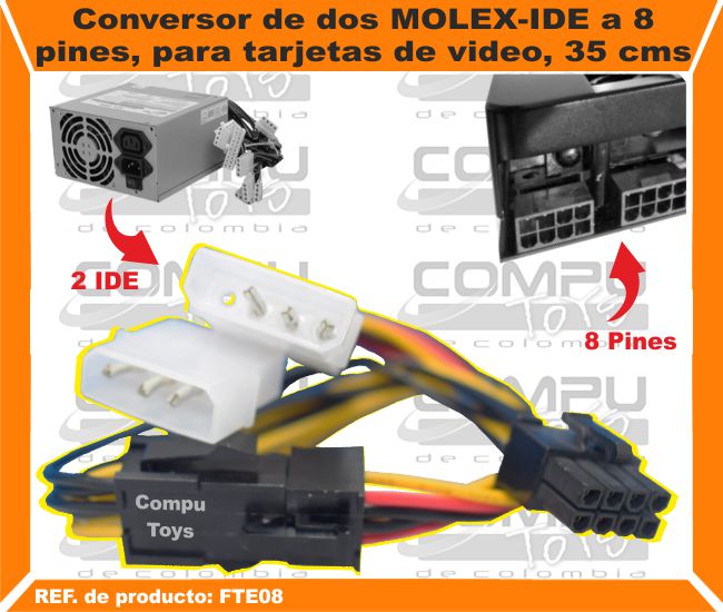 Conversor de dos MOLEX IDE a 8 pines para tarjetas de video 35 cms