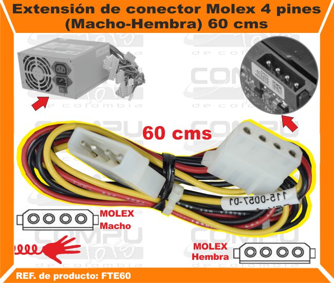 Extensión de conector Molex 4 pines Macho-Hembra 60 cms