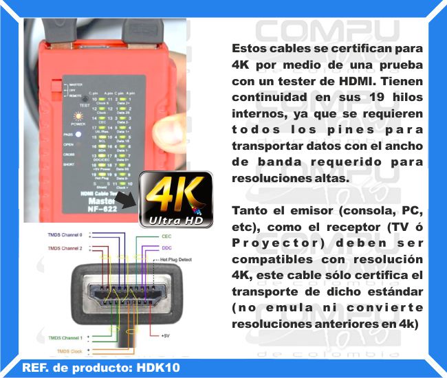 Estos cables se certifican para 4K por medio de una prueba con un tester de HDMI. Tienen continuidad en sus 19 hilos internos, ya que se requieren todos los pines para transportar datos con el ancho de banda requerido para resoluciones altas. Tanto el emisor (consola, PC, etc), como el receptor (TV ó Proyector) deben ser compatibles con resolución 4K, este cable sólo certifica el transporte de dicho estándar (no emula ni convierte resoluciones anteriores en 4k)