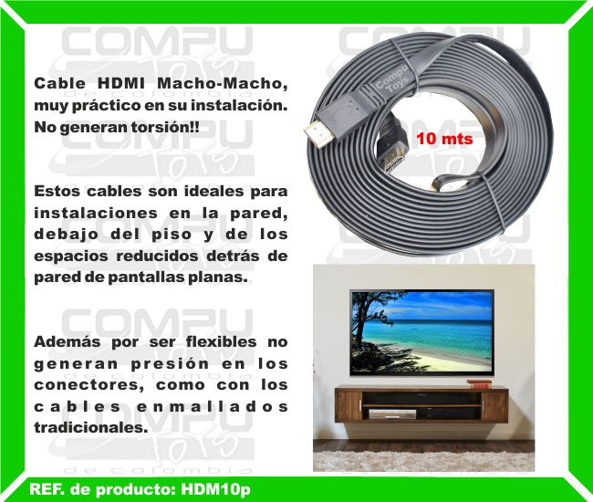 Cable HDMI Macho-Macho, muy práctico en su instalación. No generan torsión!!. Estos cables son ideales para instalaciones en la pared, debajo del piso y de los espacios reducidos detrás de pared de pantallas planas. Además por ser flexibles no generan presión en los conectores, como con los cables enmallados tradicionales.