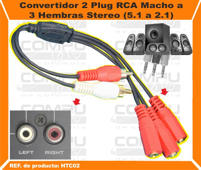 Convertidor 2 Plug RCA Macho a 3 Hembras Stereo 5.1 a 2.1.