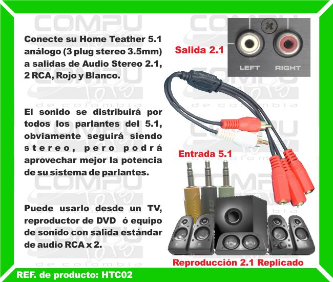 Conecte su Home Teather 5.1 análogo (3 plug stereo 3.5mm) a salidas de Audio Stereo 2.1, 2 RCA, Rojo y Blanco. El sonido se distribuirá por todos los parlantes del 5.1, obviamente seguirá siendo stereo, pero podrá aprovechar mejor la potencia de su sistema de parlantes. Puede usarlo desde un TV, reproductor de DVD  ó equipo de sonido con salida estándar de audio RCA x 2.
