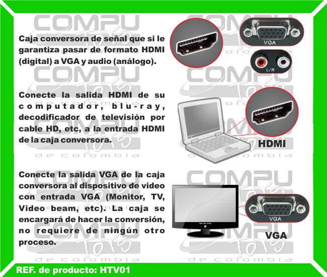 Caja conversora de señal que si le garantiza pasar de formato HDMI (digital) a VGA y audio (análogo). Conecte la salida HDMI de su computador, blu-ray, decodificador de televisión por cable HD, etc, a la entrada HDMI de la caja conversora. Conecte la salida VGA de la caja conversora al dispositivo de video con entrada VGA (Monitor, TV, Video beam, etc). La caja se encargará de hacer la conversión, no requiere de ningún otro proceso. 