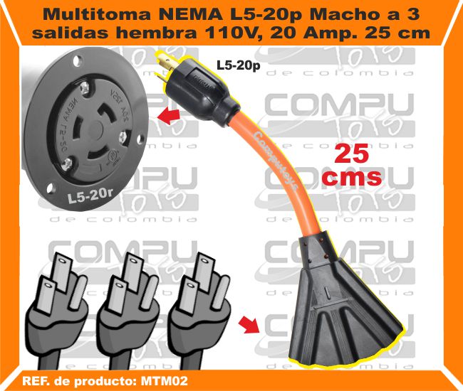 Multitoma NEMA L5 20p Macho a 3 salidas hembra 110V 20 Amp 25 cm.