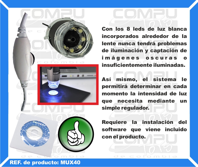 Con los 8 leds de luz blanca incorporados alrededor de la lente nunca tendrá problemas de iluminación y captación de imágenes oscuras o insuficientemente iluminadas. Así mismo, el sistema le permitirá determinar en cada momento la intensidad de luz que necesita mediante un simple regulador. Requiere la instalación del software que viene incluido con el producto.
