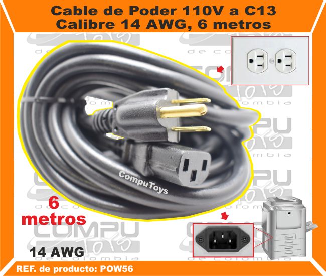 Cable de Poder 110V a C13, Calibre 14 AWG, 6 metros
