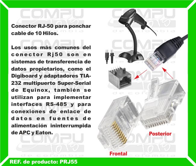 Conector RJ-50 para ponchar cable de 10 Hilos. Los usos más comunes del conector Rj50 son en sistemas de transferencia de datos propietarios, como el Digiboard y adaptadores TIA-232 multipuerto Super-Serial de Equinox, también se utilizan para implementar interfaces RS-485 y para conexiones de enlace de datos en fuentes de alimentación ininterrumpida de APC y Eaton. Este conector también es utilizado por algunos proveedores, como BOCA, para los módulos de expansión de sus tarjetas serie RS-232C multipuerto.