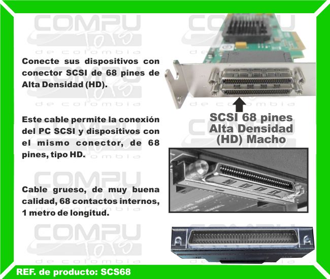 Conecte sus dispositivos con conector SCSI de 68 pines de Alta Densidad (HD). Este cable permite la conexión del PC SCSI y dispositivos con el mismo conector, de 68 pines, tipo HD. Cable grueso, de muy buena calidad, 68 contactos internos, 1 metro de longitud.