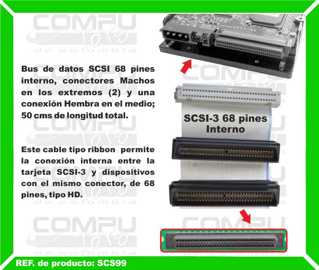Bus de datos SCSI 68 pines interno, conectores Machos en los extremos (2) y una conexión Hembra en el medio; 50 cms de longitud total. Este cable tipo ribbon  permite la conexión interna entre la tarjeta SCSI-3 y dispositivos con el mismo conector, de 68 pines, tipo HD.