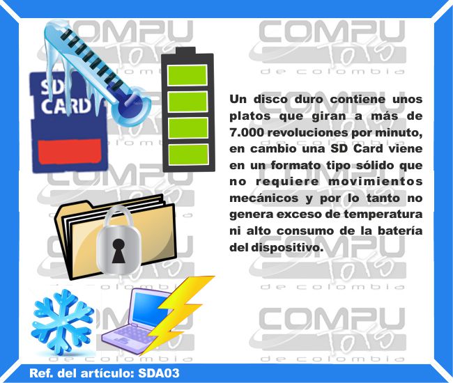 Un disco duro contiene unos platos que giran a más de 7.000 revoluciones por minuto, en cambio una SD Card viene en un formato tipo sólido que no requiere movimientos mecánicos y por lo tanto no genera exceso de temperatura ni alto consumo de la batería del dispositivo.