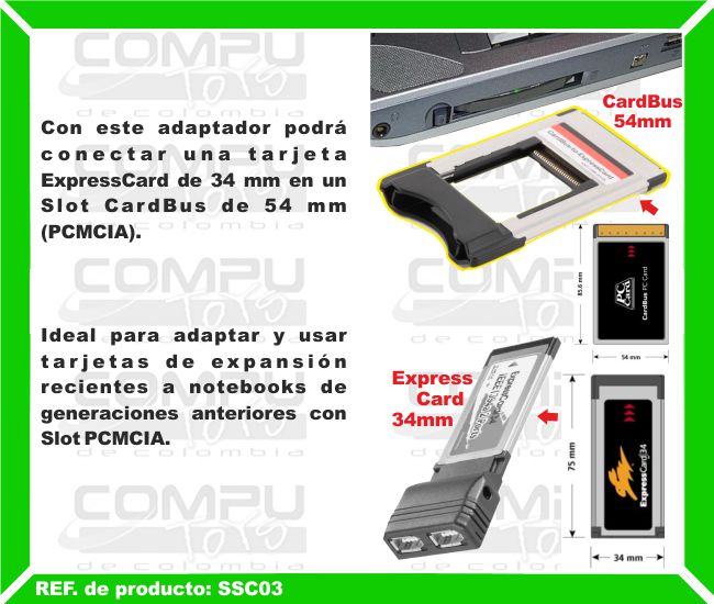 Con este adaptador podrá conectar una tarjeta ExpressCard de 34 mm en un Slot CardBus de 54 mm (PCMCIA). Ideal para adaptar y usar tarjetas de expansión recientes a notebooks de generaciones anteriores con Slot PCMCIA.