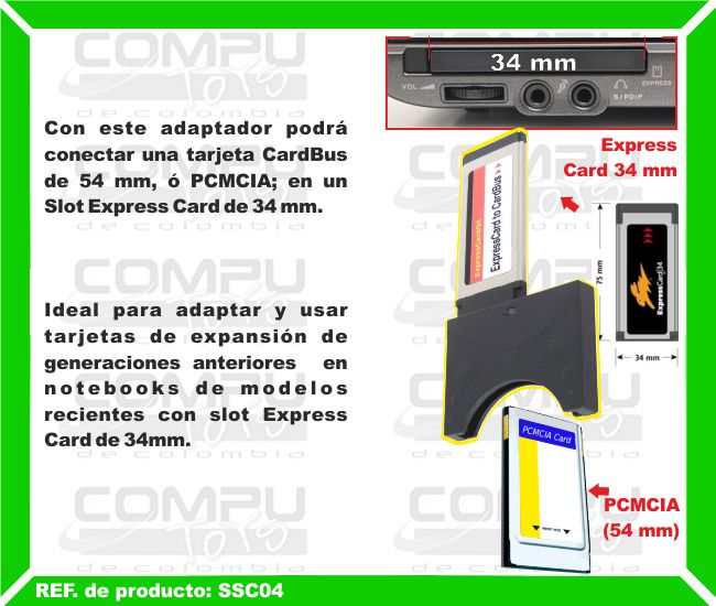 Con este adaptador podrá conectar una tarjeta CardBus de 54 mm, ó PCMCIA; en un Slot Express Card de 34 mm. Ideal para adaptar y usar tarjetas de expansión de generaciones anteriores  en notebooks de modelos recientes con slot Express Card de 34mm.