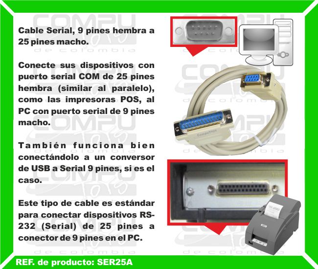 Cable Serial 9 Pines Hembra a 25 Pines Macho para POS 1.8 Mts - CompuToys