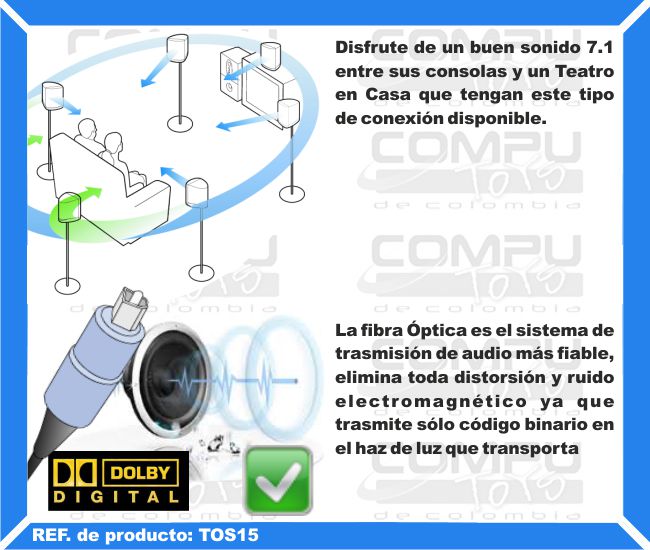 Disfrute de un buen sonido 7.1 entre sus consolas y un Teatro en Casa que tengan este tipo de conexión disponible. La fibra Óptica es el sistema de trasmisión de audio más fiable, elimina toda distorsión y ruido electromagnético ya que trasmite sólo código binario en el haz de luz que transporta