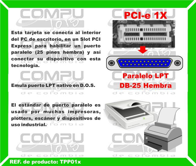 Esta tarjeta se conecta al interior del PC de escritorio, en un Slot PCI Express para habilitar un puerto paralelo (25 pines hembra) y así conectar su dispositivo con esta tecnología. Emula puerto LPT nativo en D.O.S. El estándar de puerto paralelo es usado por muchas impresoras, plotters, escáner y dispositivos de uso industrial.