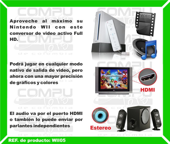 Aproveche al máximo su Nintendo WII con este conversor de video activo Full HD. Podrá jugar en cualquier modo nativo de salida de video, pero ahora con una mayor precisión de gráficos y colores. El audio va por el puerto HDMI o también lo puede enviar por parlantes independientes