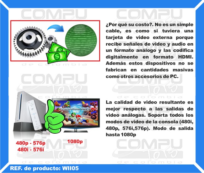 ¿Por qué su costo?. No es un simple cable, es como si tuviera una tarjeta de video externa porque recibe señales de video y audio en un formato análogo y las codifica digitalmente en formato HDMI. Además estos dispositivos no se fabrican en cantidades masivas como otros accesorios de PC. La calidad de video resultante es mejor respecto a las salidas de video análogas. Soporta todos los modos de video de la consola (480i, 480p, 576i,576p). Modo de salida hasta 1080p