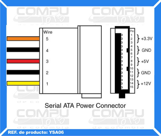 Cable Y de Poder Para ATX 1 SATA Macho a 2 SATA Hembra. COMPUTOYS Ref: YSA06