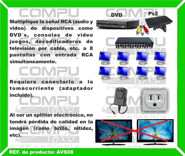 Multiplique la señal RCA (audio y video) de dispositivos como DVD´s, consolas de video juegos, decodificadores de televisión por cable, etc. a 8 pantallas con entrada RCA simultaneamente. Requiere conectarlo a la tomacorriente (adaptador incluido). Al ser un splitter electrónico, no tendrá pérdida de calidad en la imágen (como brillo, nitidez, etc).