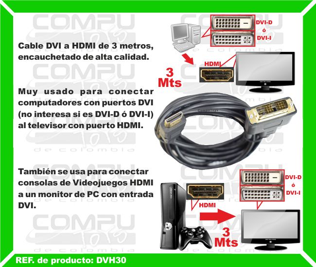 Cable DVI a HDMI Machos 3 Mts Computoys