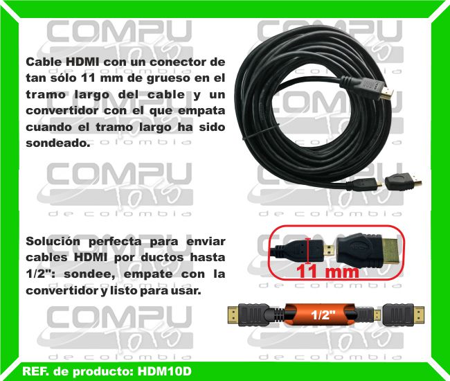 Cable HDMI con un conector de tan sólo 11 mm de grueso en el tramo largo del cable y un convertidor con el que empata cuando el tramo largo ha sido sondeado. Solución perfecta para enviar cables HDMI por ductos hasta 1/2 pulgada: sondee, empate con la convertidor y listo para usar.