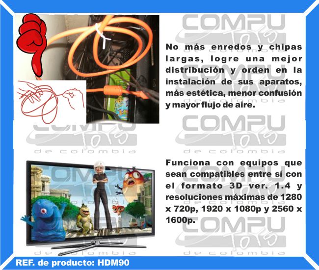 No más enredos y chipas largas, logre una mejor distribución y orden en la instalación de sus aparatos, más estética, menor confusión y mayor flujo de aire. Funciona con equipos que sean compatibles entre sí con el formato 3D ver. 1.4 y resoluciones máximas de 1280 x 720p, 1920 x 1080p y 2560 x 1600p.