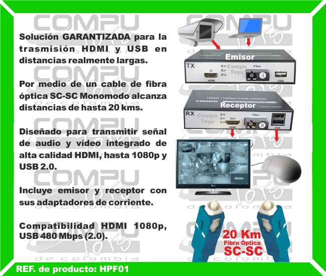 Solución GARANTIZADA para la trasmisión HDMI y USB en distancias realmente largas. Por medio de un cable de fibra óptica SC-SC Monomodo alcanza distancias de hasta 20 kms. Diseñado para transmitir señal de audio y vídeo integrado de alta calidad HDMI, hasta 1080p y USB 2.0. Incluye emisor y receptor con sus adaptadores de corriente. Compatibilidad HDMI 1080p, USB 480 Mbps (2.0).