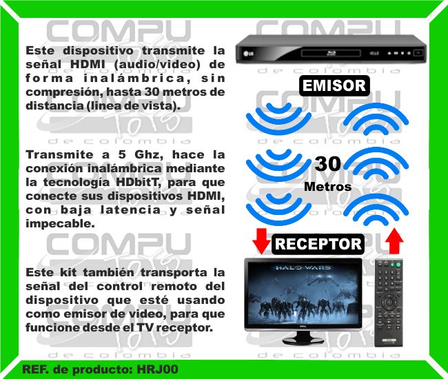 Este dispositivo transmite la señal HDMI (audio/video) de forma inalámbrica, sin compresión, hasta 30 metros de distancia (linea de vista). Transmite a 5 Ghz, hace la conexión inalámbrica mediante la tecnología HDbitT, para que conecte sus dispositivos HDMI, con baja latencia y señal impecable. Este kit también transporta la señal del control remoto del dispositivo que esté usando como emisor de video, para que funcione desde el TV receptor.