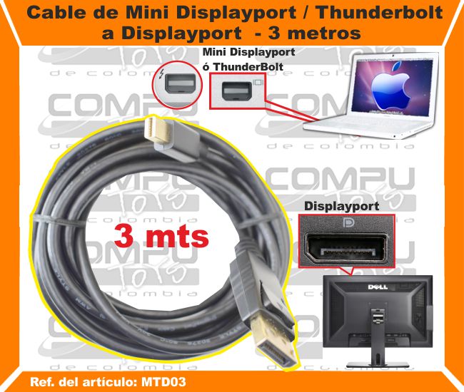 Cable de Mini Displayport Thunderbolt a Displayport 3 metros