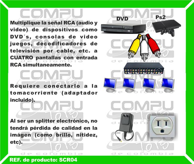 Multiplique la señal RCA (audio y video) de dispositivos como DVD´s, consolas de video juegos, decodificadores de televisión por cable, etc. a CUATRO pantallas con entrada RCA simultaneamente. Requiere conectarlo a la tomacorriente (adaptador incluido). Al ser un splitter electrónico, no tendrá pérdida de calidad en la imágen (como brillo, nitidez, etc).